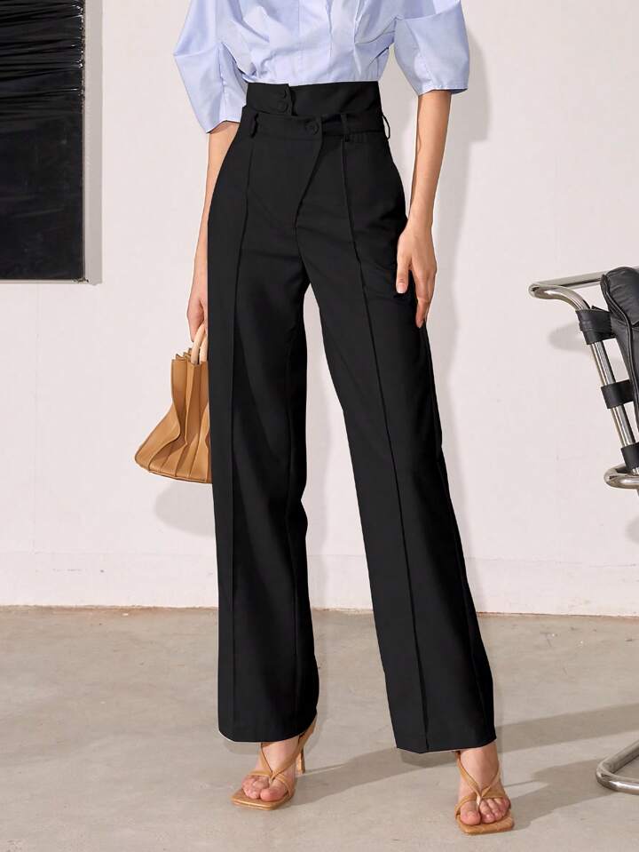 CM-BS951519 Women Elegant Seoul Style High Waist Seam Detail Suit Pants - Black