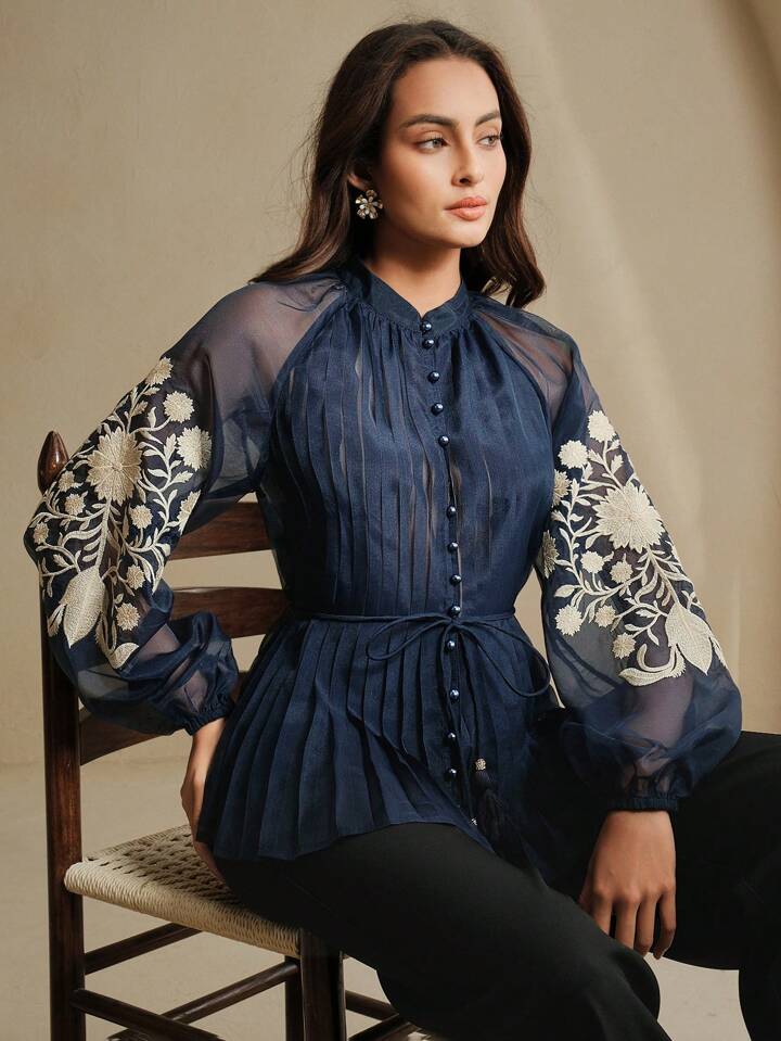 CM-TS591697 Women Elegant Seoul Style Stand Collar Long Sleeve Pleated Embroidered Tie Waist Blouse - Navy Blue