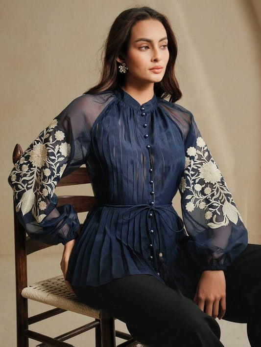 CM-TS591697 Women Elegant Seoul Style Stand Collar Long Sleeve Pleated Embroidered Tie Waist Blouse - Navy Blue
