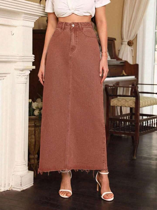CM-BS539705 Women Elegant Seoul Style High Waisted Pocketed Frayed Hem Denim Skirt - Coffee Brown