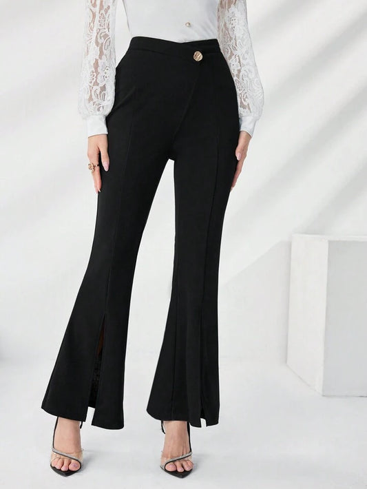 CM-BS761237 Women Casual Seoul Style High Waist Split Hem Flare Leg Pants - Black