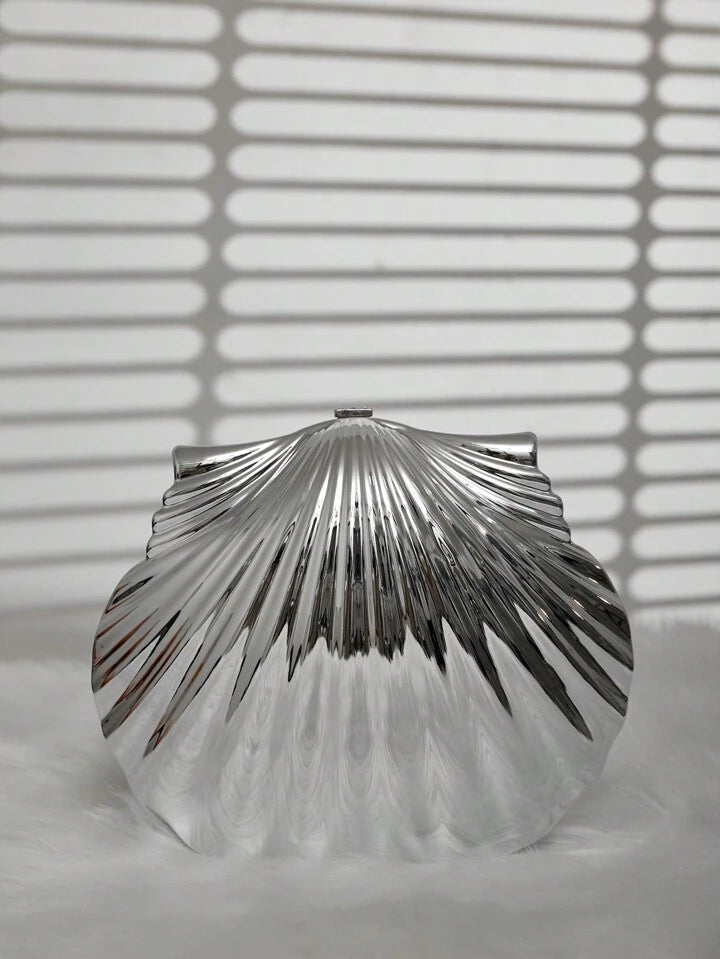 CM-BGS357177 Women Trendy Seoul Style Pearl Shell Chain Kiss Lock Handbag - Silver