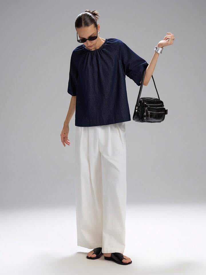 CM-TS435444 Women Casual Seoul Style Drawstring Round Neck 3/4 Sleeve Denim Loose Blouse - Blue