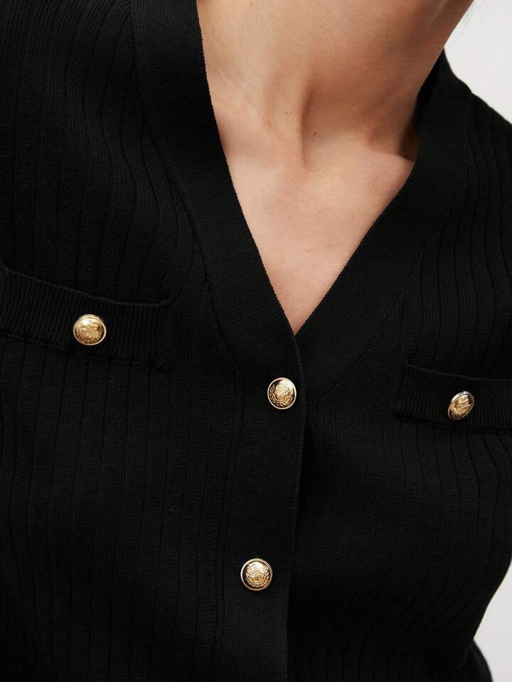 CM-TS542105 Women Casual Seoul Style V-Neck Short Sleeve Button Front Knit Blouse - Black