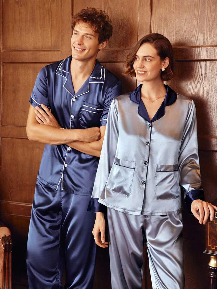 CM-LS073333 Women Trendy Seoul Style Satin Lapel Neckline Long Sleeve Pajama Set - Dusty Blue