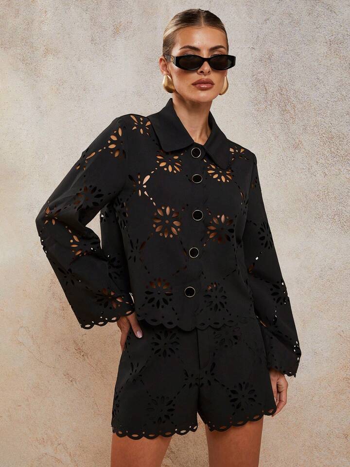 CM-SS040471 Women Elegant Seoul Style Laser Cut Long Sleeve Single-Breasted Blouse With Loose Shorts - Set