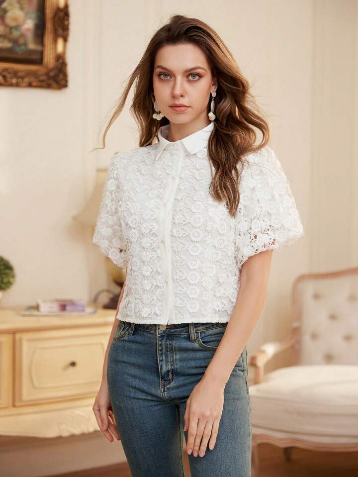 CM-TS827059 Women Elegant Seoul Style Embroidered Pearl Button Sheer Puff Sleeve Crop Shirt