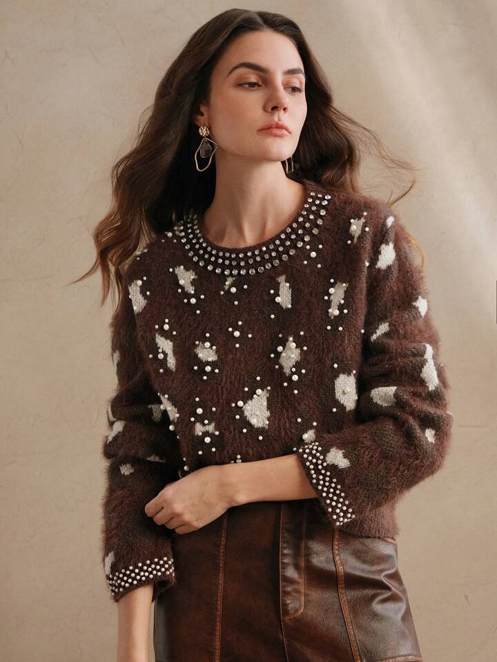 CM-CS247511 Women Casual Seoul Style Leopard Print Embellished Studded Fluffy Knit Sweater - Coffee Brown