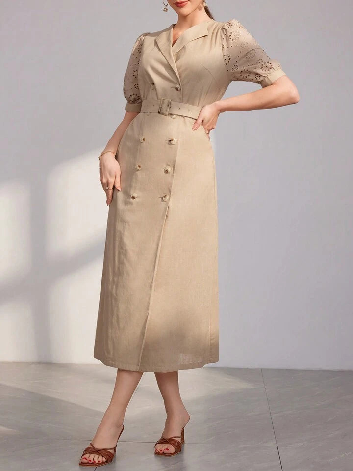 CM-DS145223 Women Casual Seoul Style Hollow Out Embroidery Puff Short Sleeve Shirt Dress - Khaki
