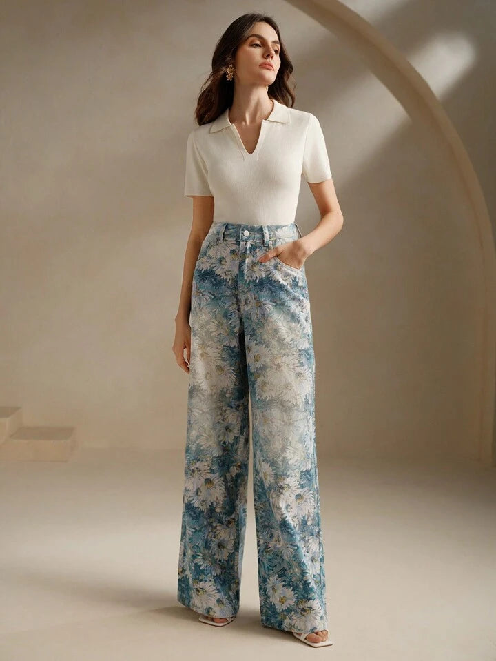 CM-BS372161 Women Casual Seoul Style Floral Printed High-Waisted Wide Leg Jeans