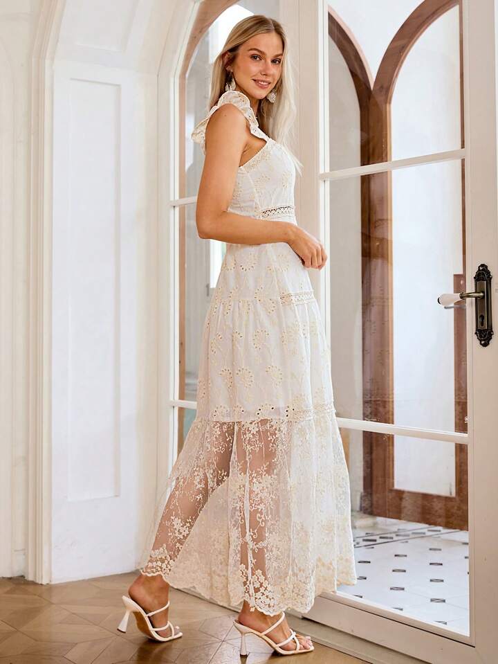 CM-DS667808 Women Elegant Seoul Style Solid Square Neck Embroidered Lace Panelled Dress - White