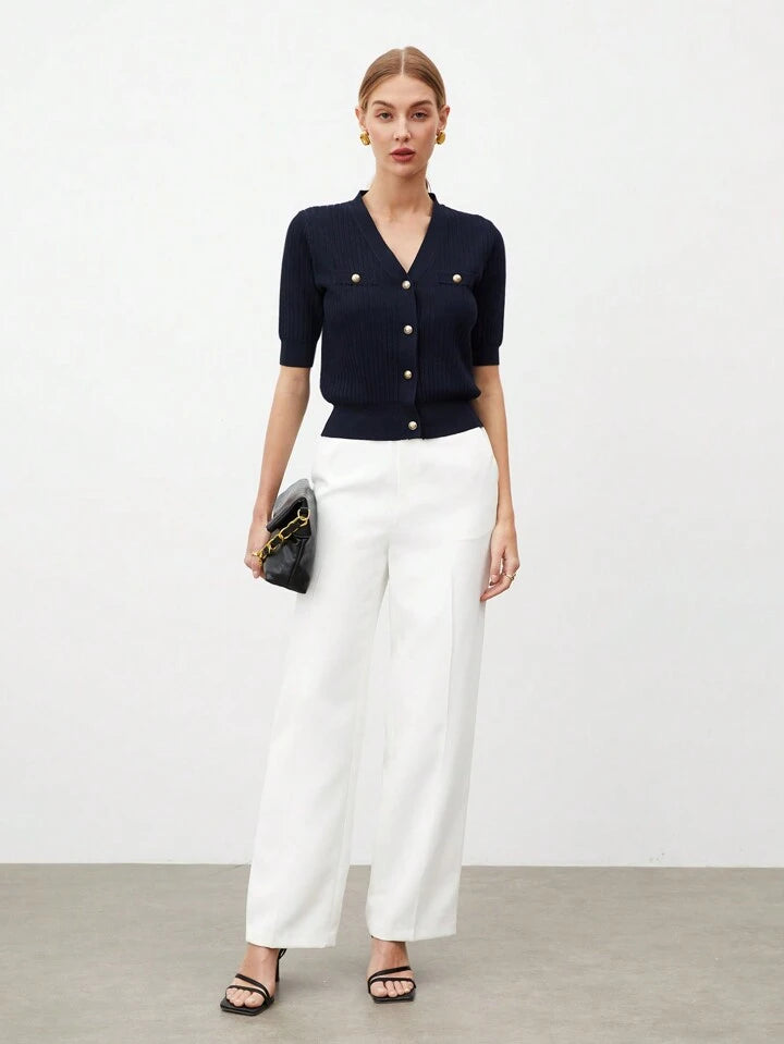 CM-TS515171 Women Casual Seoul Style V-Neck Short Sleeve Button Front Knit Blouse - Navy Blue