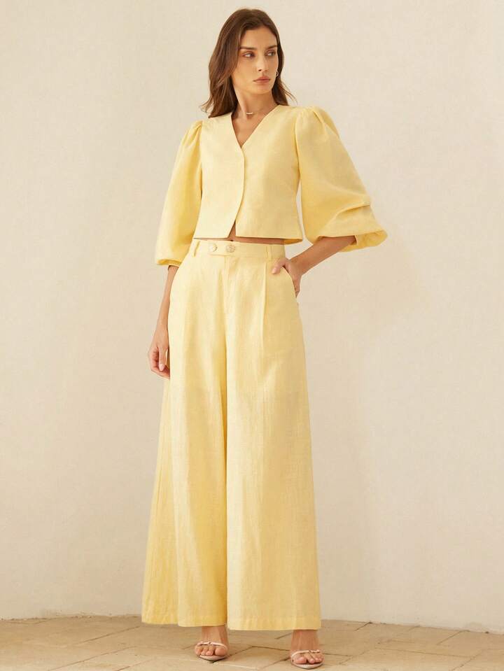 CM-SS911845 Women Elegant Seoul Style V-Neck Puff Sleeve Crop Top With Pleated Straight-Leg Button-Decor Pants - Set