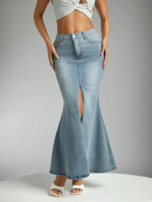 CM-BS459927 Women Casual Seoul Style Light Wash Pocket Split Hem Mermaid Denim Maxi Skirt