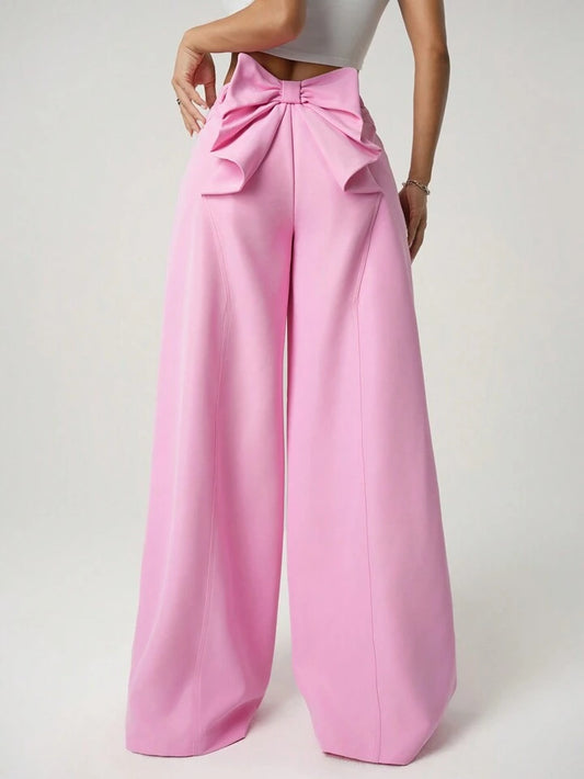 CM-BS716122 Women Casual Seoul Style Oversized Bow Back Design Loose Fit Extra Long Pants - Pink