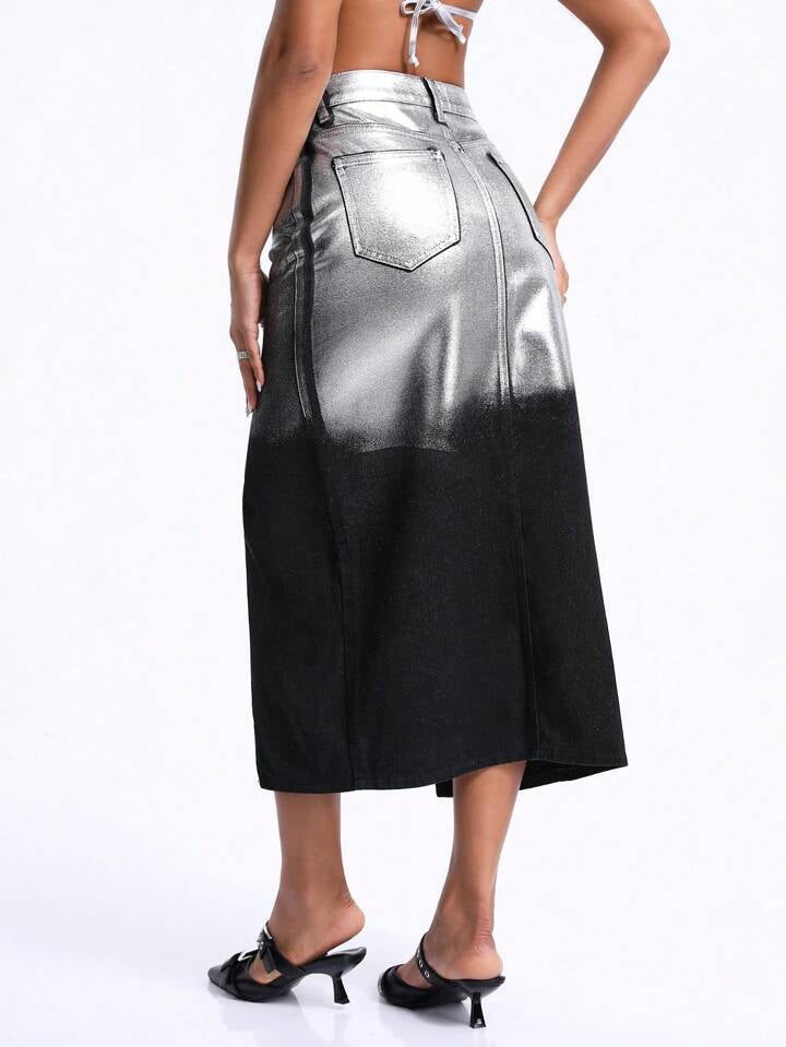CM-BS064478 Women Casual Seoul Style Metallic Fabric Split Denim Skirt