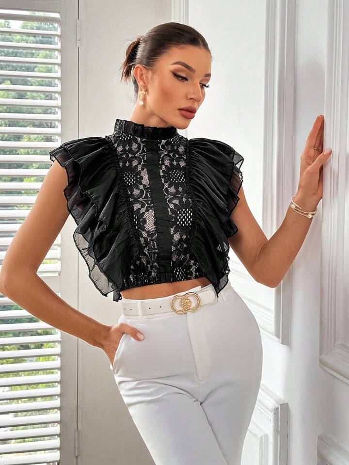 CM-TS736693 Women Elegant Seoul Style Lace Notched Neckline Ruffle Trim Shirt - Black