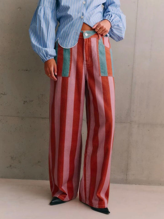CM-BS998962 Women Elegant Seoul Style Mid Waist Front Patch Pockets Striped Wide Leg Denim Trousers