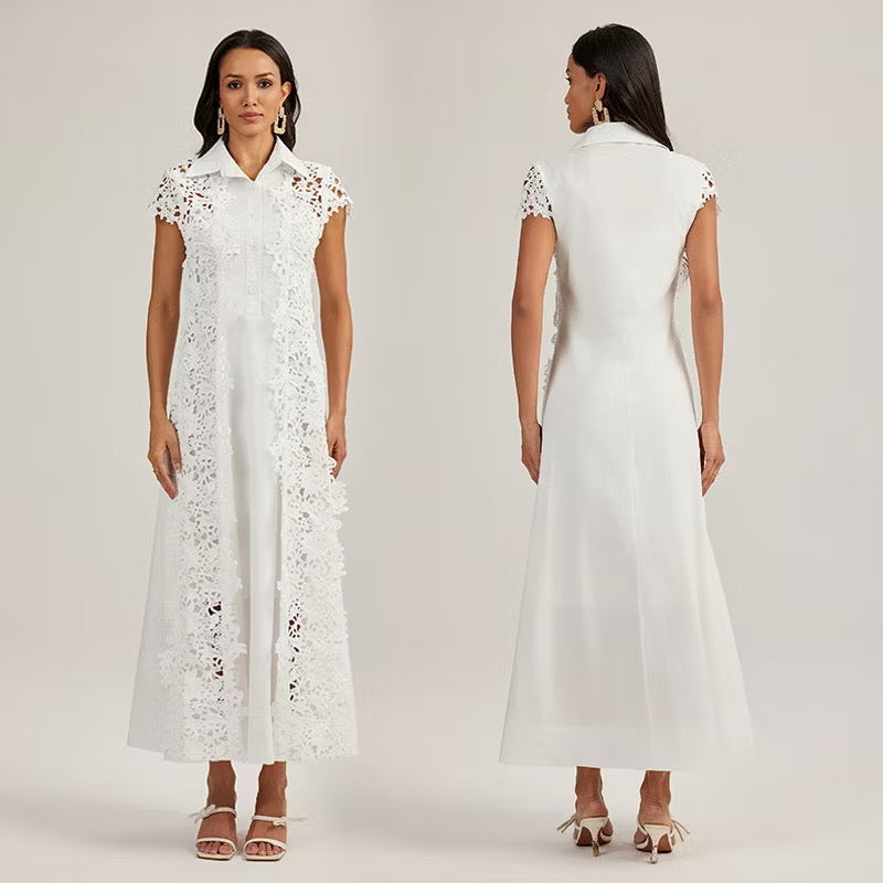 CM-DY044437 Women Elegant European Style Lace Collar Neckline Short Sleeve Splice Long Dress (Available in 2 colors)