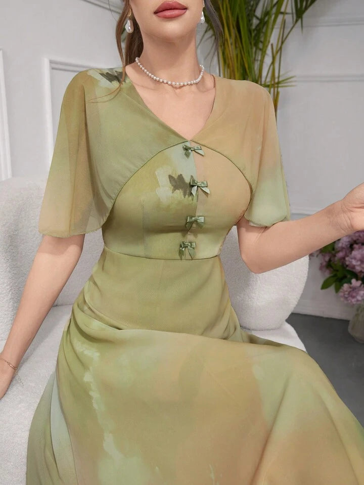 CM-DS579071 Women Elegant Seoul Style V-Neck Gradient Color Bowknot Decoration Dress - Green
