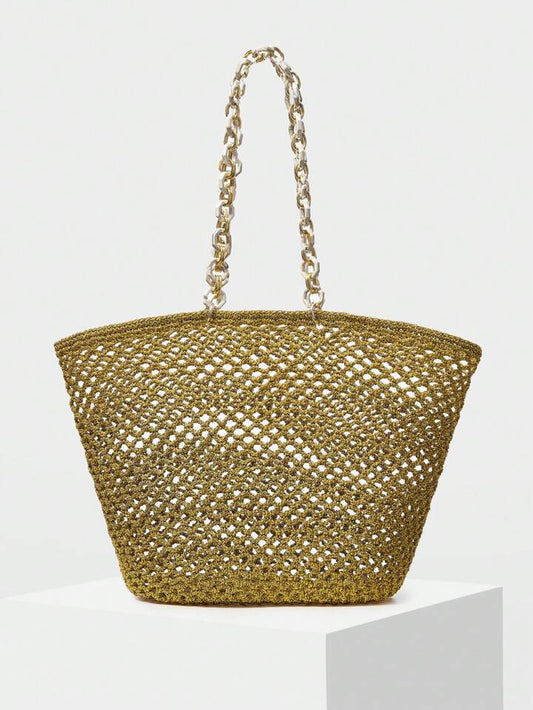 CM-BGS300337 Women Trendy Seoul Style Oversized Chain Straw Bag - Gold