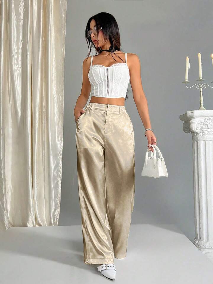 CM-BS393169 Women Casual Seoul Style Satin Elastic Waist Wide Leg Palazzo Pants - Apricot