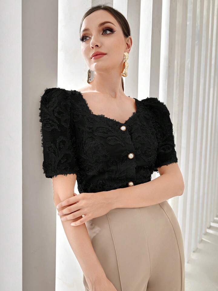 CM-TS507250 Women Elegant Seoul Style Sweetheart Neckline Cut-Out Puff Sleeve Blouse - Black