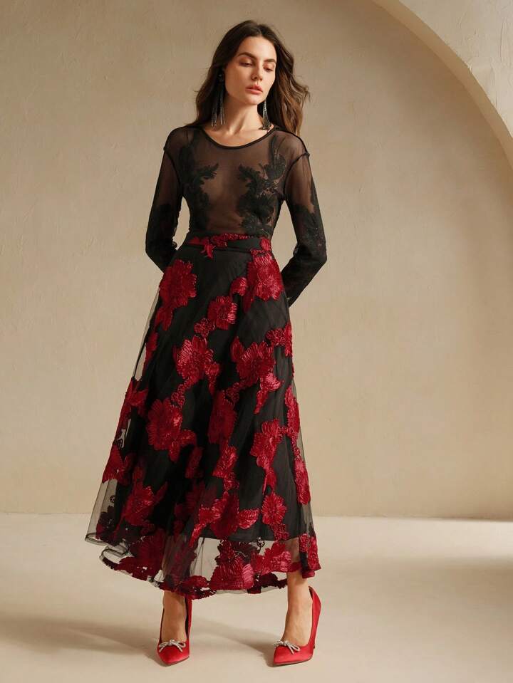 CM-BS333321 Women Elegant Seoul Style Floral Embroidery Mesh High Waist A-Line Skirt