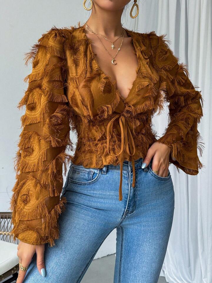 CM-TS253769 Women Casual Seoul Style Fringed Flare Sleeve Tie Front Shirt - Brown