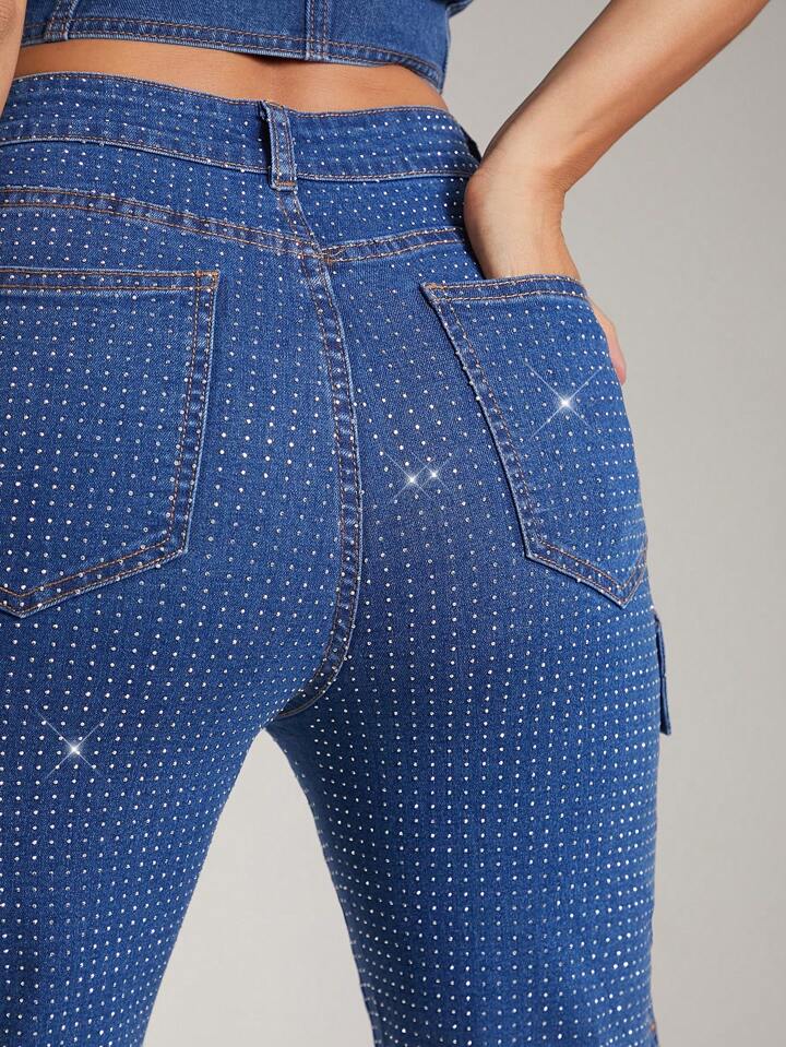 CM-BS698800 Women Elegant Seoul Style Rhinestone Flap Pocket Side Cargo Mid Ride Jeans - Blue