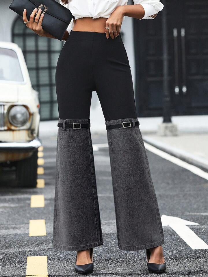 CM-BS861008 Women Casual Seoul Style Elastic Waist Contrast Denim Effect Flare Leg Pants - Gray