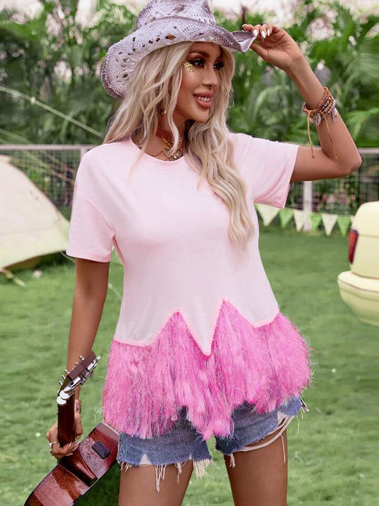 CM-TS517768 Women Trendy Bohemian Style Round Neck Fringe Short Sleeve T-Shirt - Pink