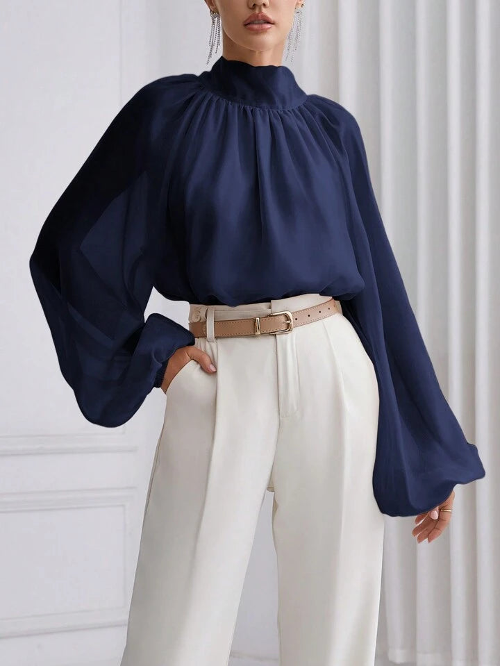 CM-TS940136 Women Elegant Seoul Style High Neck Lantern Sleeve Shirt - Navy Blue