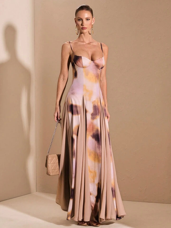 CM-DS498440 Women Elegant Seoul Style Multi-Color Ombre Print Patchwork Oversized Hem Long Dress