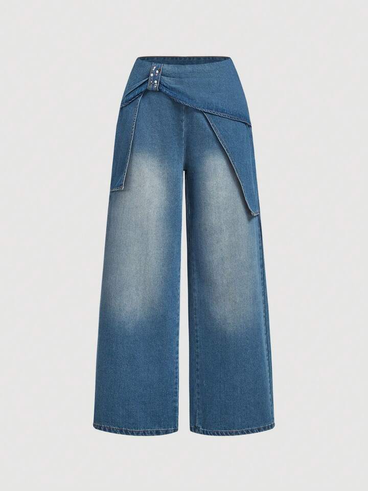 CM-BS157443 Women Casual Seoul Style Rhinestone Accent Washed Loose Wide-Leg Jeans - Blue