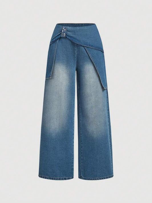 CM-BS157443 Women Casual Seoul Style Rhinestone Accent Washed Loose Wide-Leg Jeans - Blue