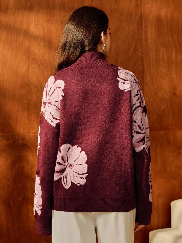 CM-CS981423 Women Casual Seoul Style Stand Collar Long Sleeve Floral Rhinestone Embellished Sweater