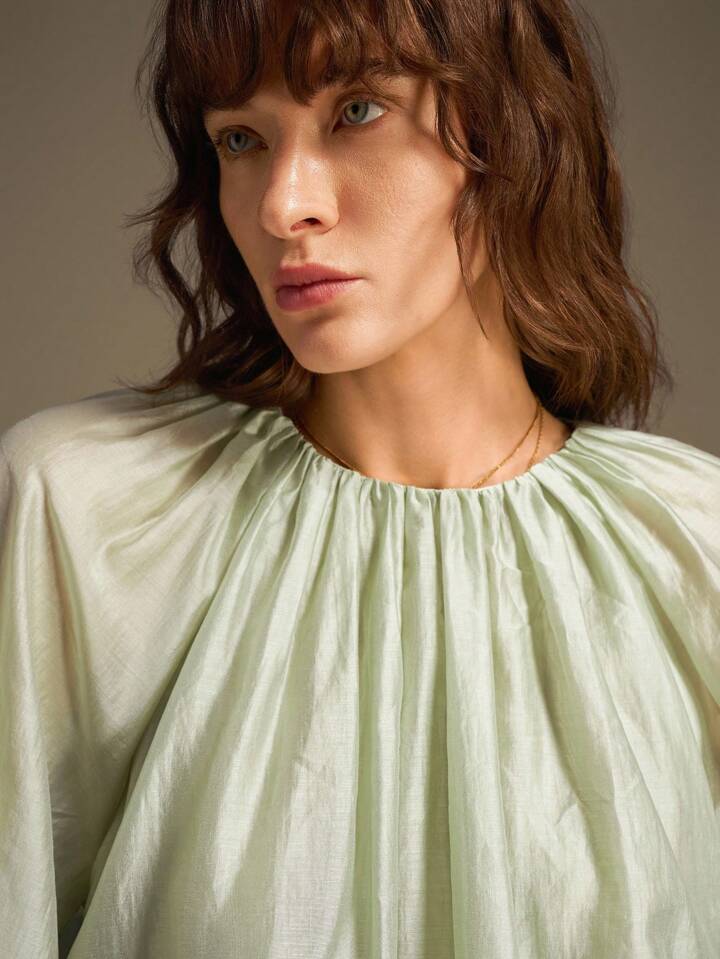 CM-TS744293 Women Casual Seoul Style Round Neck Long Sleeve Semi-Sheer Oversized Silk Shirt - Mint Green