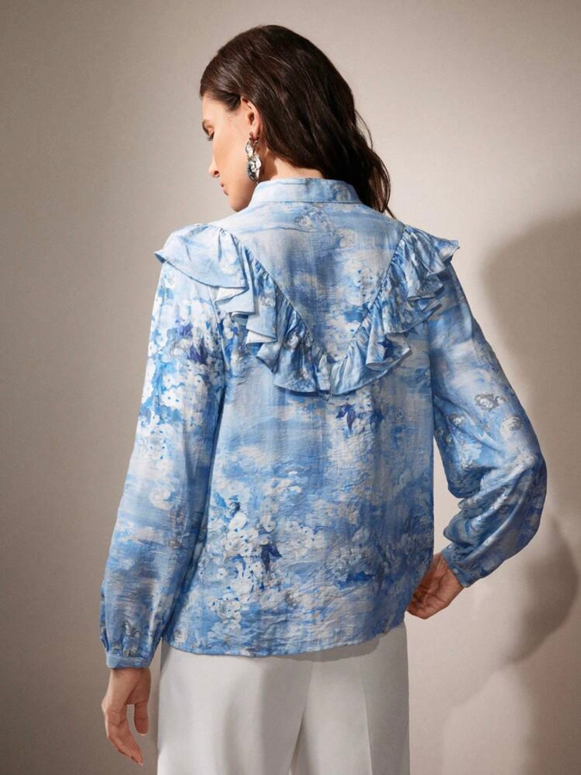 CM-TS773607 Women Elegant Seoul Style Floral Print Lace Ruffled Trim Blouse - Blue