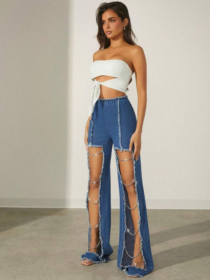 CM-BS616056 Women Casual Seoul Style Medium Wash Patchwork Frayed Chain Design Ripped Jeans