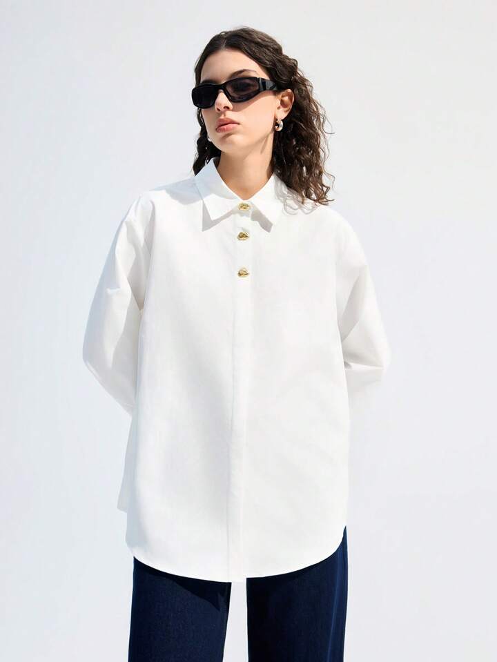 CM-TS827052 Women Casual Seoul Style Solid Collar Neckline Drop Shoulder Long Sleeve Blouse - White