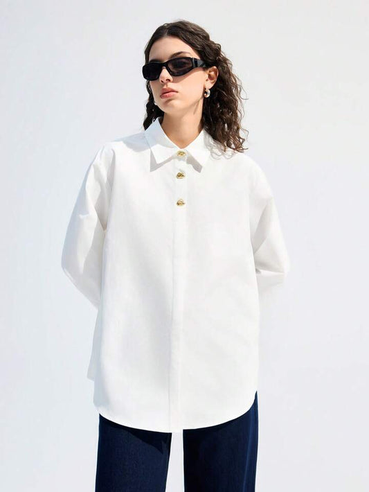 CM-TS827052 Women Casual Seoul Style Solid Collar Neckline Drop Shoulder Long Sleeve Blouse - White
