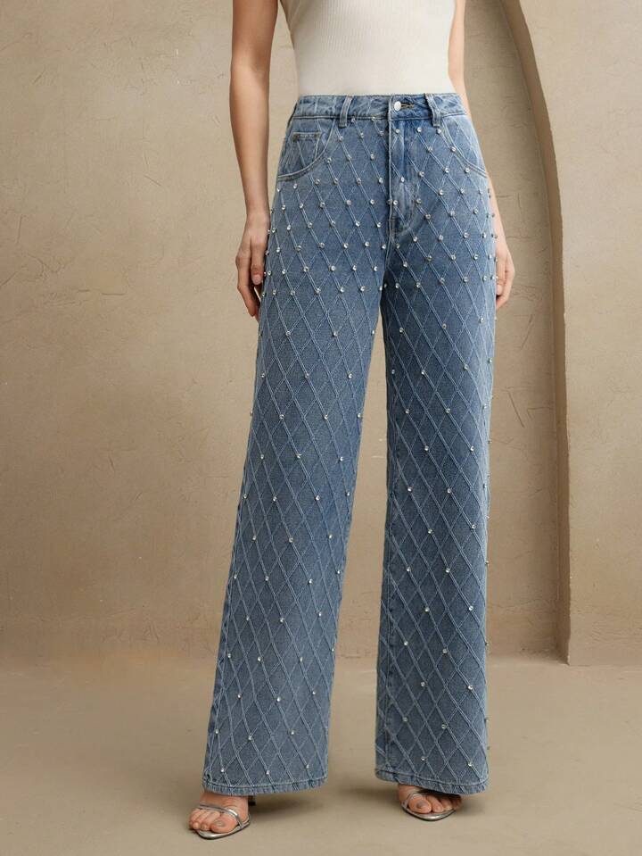 CM-BS388817 Women Elegant Seoul Style Mid Waist Beaded Embellished Straight Leg Jeans - Blue