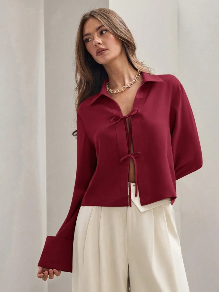 CM-TS803598 Women Trendy Bohemian Style Shirt Collar Front Tie Long Sleeve Shirt - Burgundy