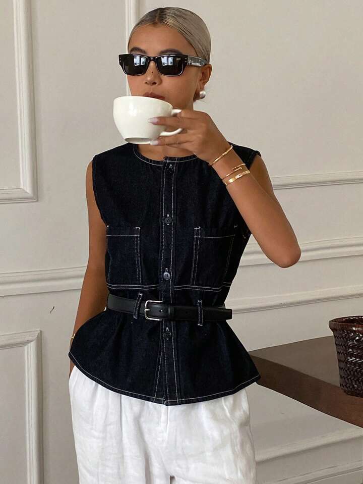 CM-TS170021 Women Casual Seoul Style Round Neck Sleeveless Belted Denim Blouse - Blue