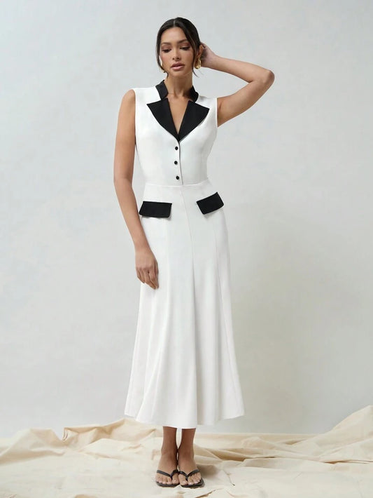 CM-DS902728 Women Elegant Seoul Style Stand Collar Contrast Color Sleeveless Fish Tail Dress