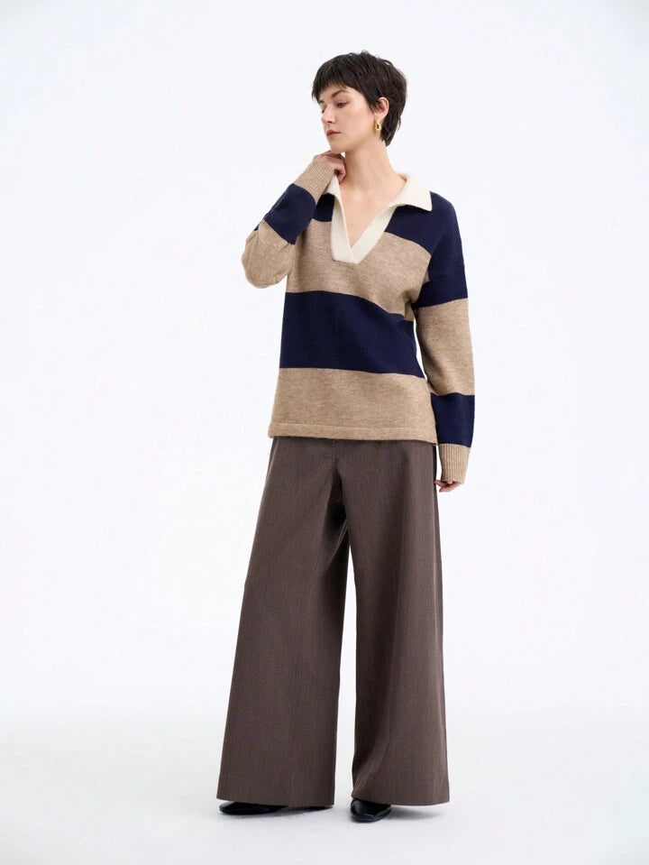 CM-CS242967 Women Casual Seoul Style Collar Neckline Drop Shoulder Long Sleeve Sweater - Royal Blue