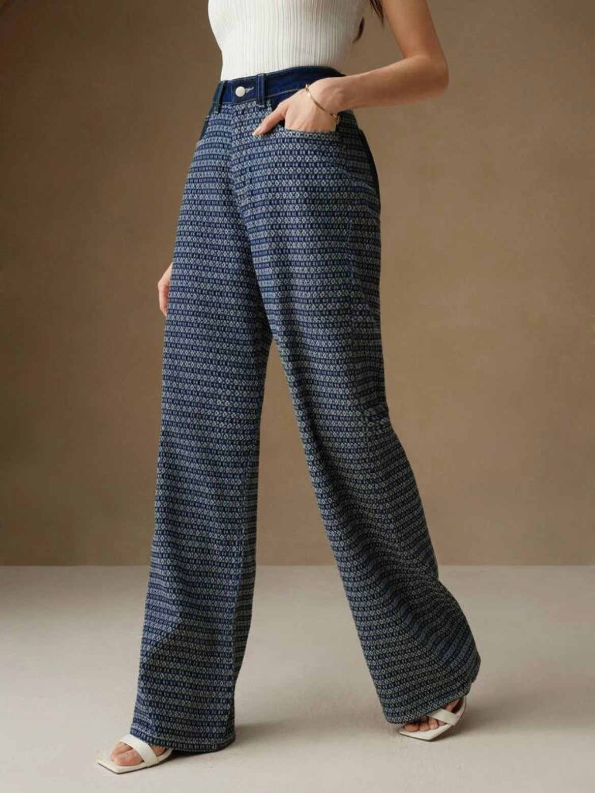 CM-BS572092 Women Casual Seoul Style Colorblock Jacquard Loose Wide-Leg Jeans - Dark Blue