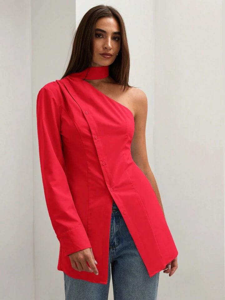 CM-TS870822 Women Casual Seoul Style Asymmetric Collar One Shoulder Long Sleeve Blouse - Red