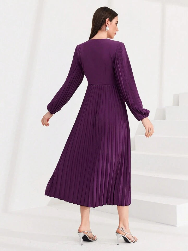 CM-DS825481 Women Elegant Seoul Style V-Neck Pleated Lantern Sleeve Dress - Purple